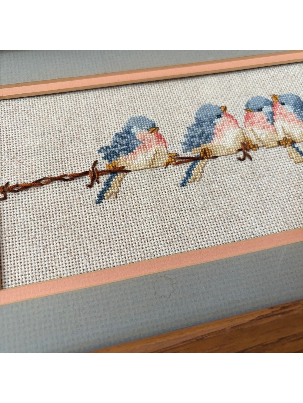 Vintage Framed Bird Nestlings Cross Stitch Cottage Country Grandma Cottagecore